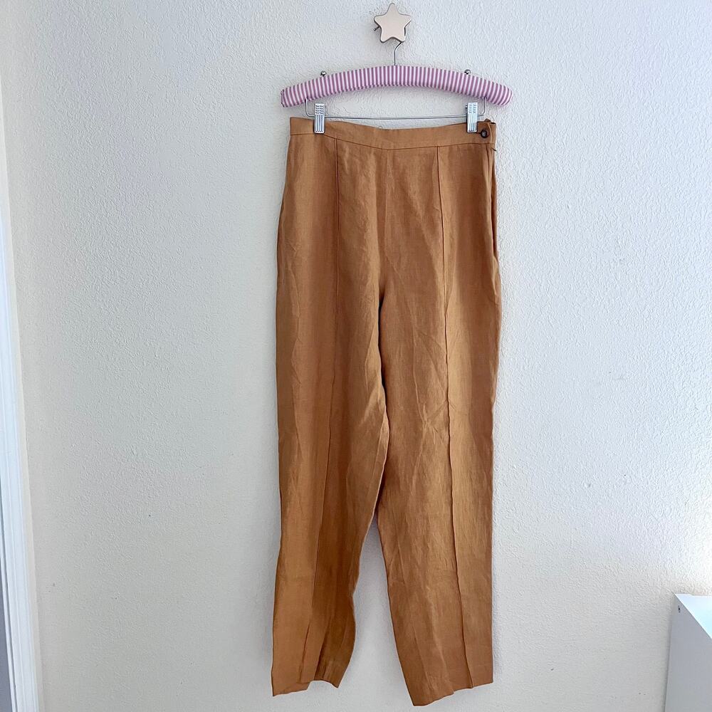 Rubinacci Vintage Camel Tan Flax Linen Wide Leg High Waist Pants Size IT 44